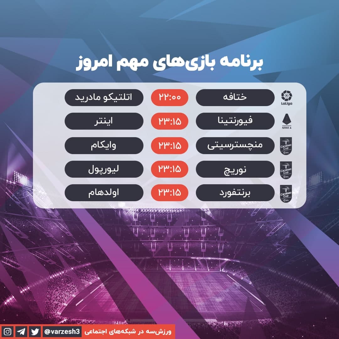 ساعت پخش مهمترین دیدار‌های فوتبال امشب ۳۰ شهریور ۱۴۰۰