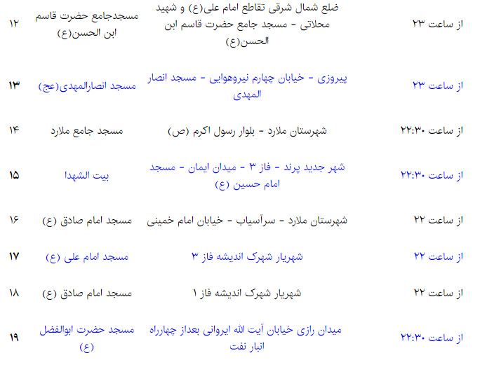 برنامه مساجد بزرگ تهران برای شب نوزدهم رمضان برنامه مساجد بزرگ تهران برای شب نوزدهم رمضان