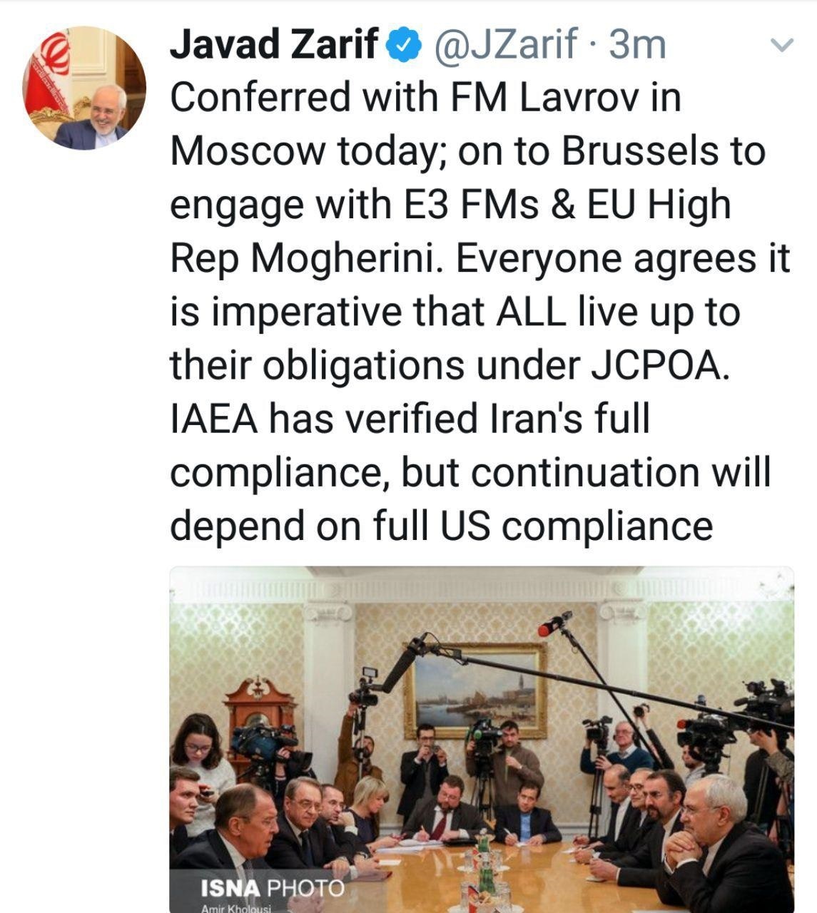 توئیت مهم ظریف پس از دیدار با لاوروف