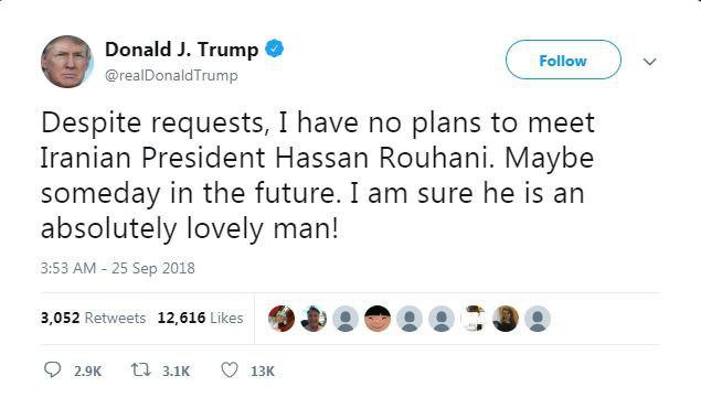 ترامپ: برنامه‌ای برای دیدار ندارم اما روحانی دوست‌ داشتنی است!