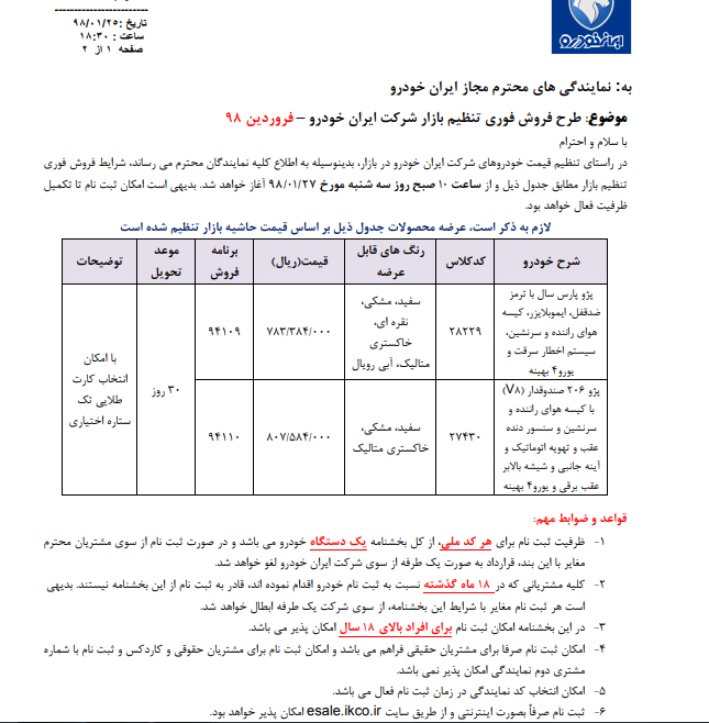 طرح فروش فوری تنظیم بازار ایرانخودور برای پژو پارس و ۲۰۶ صندوقدار طرح فروش فوری تنظیم بازار ایرانخودور برای پژو پارس و ۲۰۶ صندوقدار