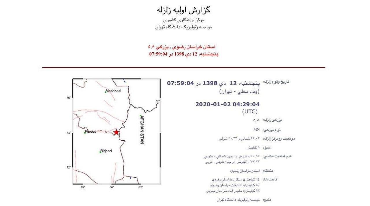 آخرین اخبار و جزئیات از زلزله ۵.۸ ریشتری سنگان در خراسان رضوی آخرین اخبار و جزئیات از زلزله ۵.۸ ریشتری سنگان در خراسان رضوی