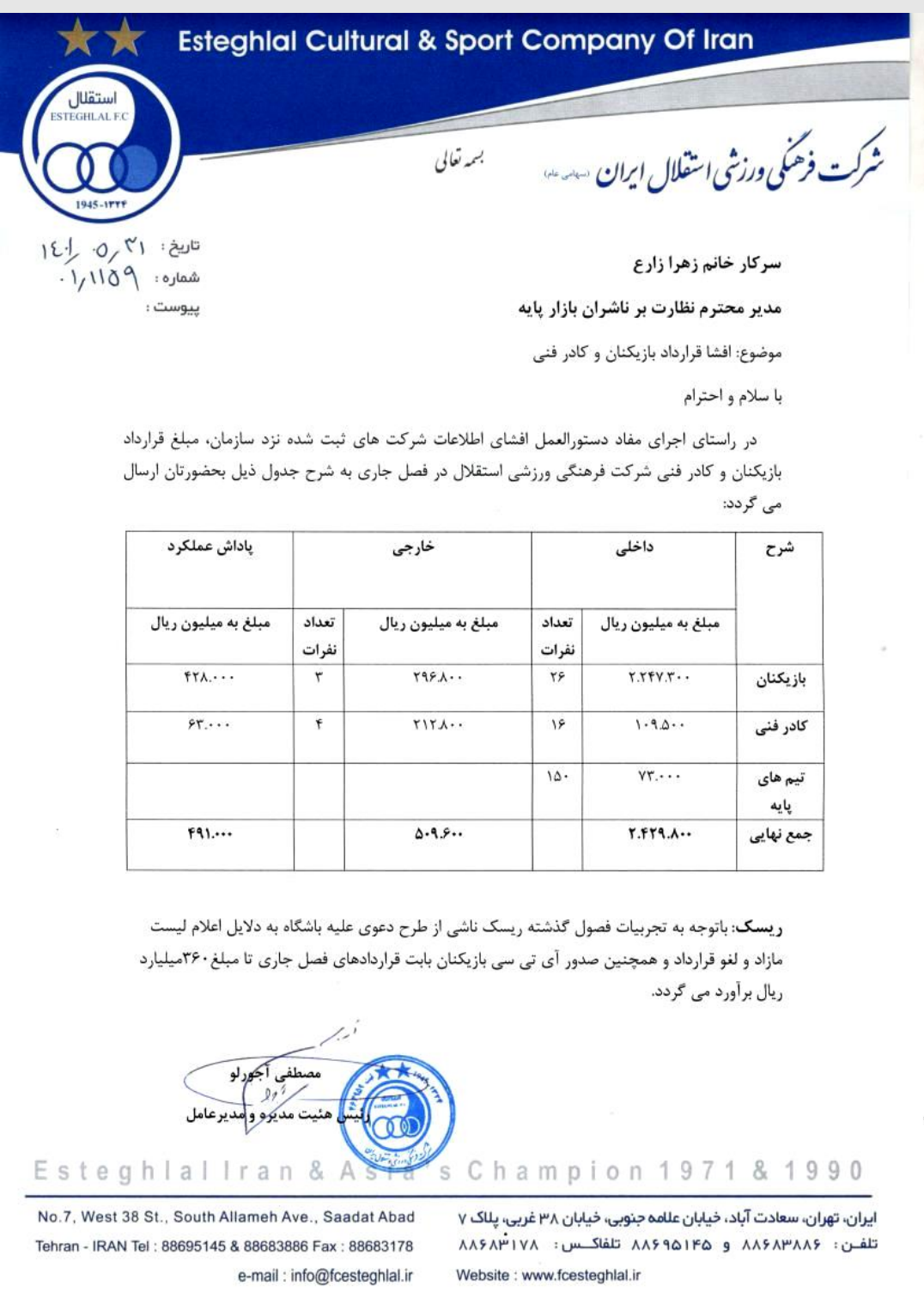 اعلام مبلغ قرارداد کادرفنی استقلال