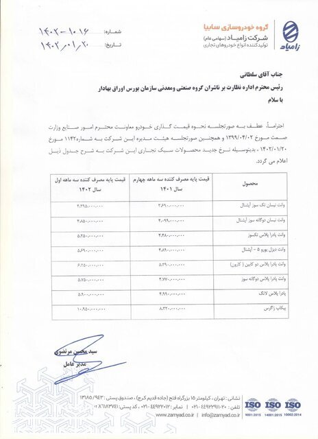 قیمت جدید محصولات زامیاد اعلام شد؛ افزایش قیمت انواع وانت
