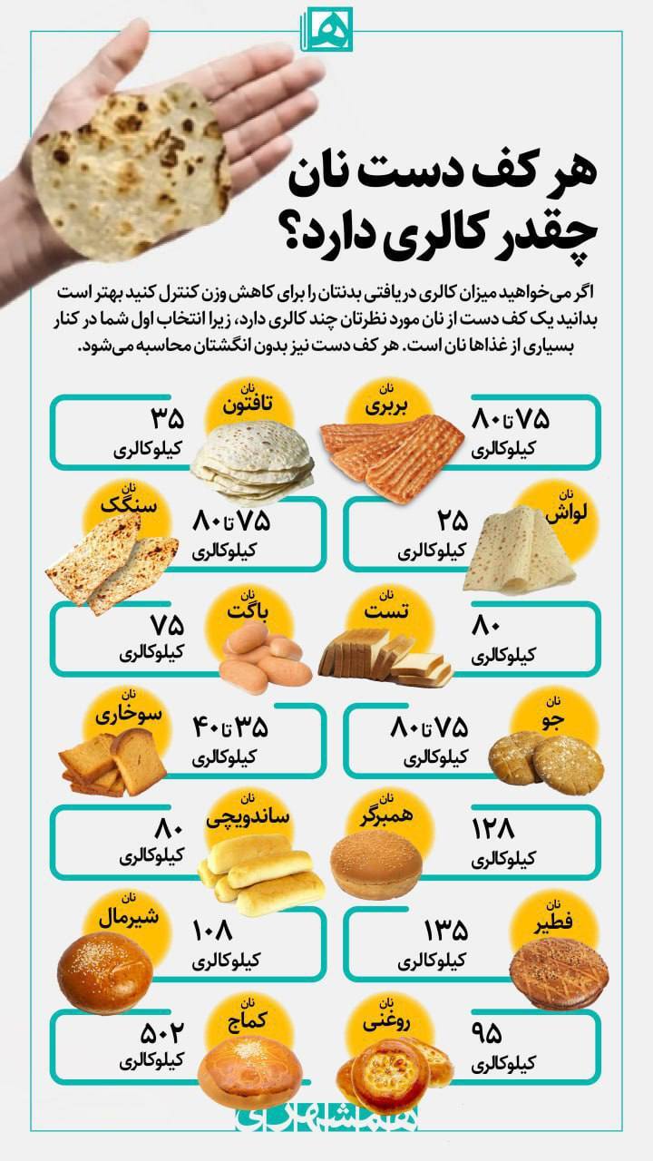 (اینفوگرافیک) هر کف دست نان چقدر کالری دارد؟