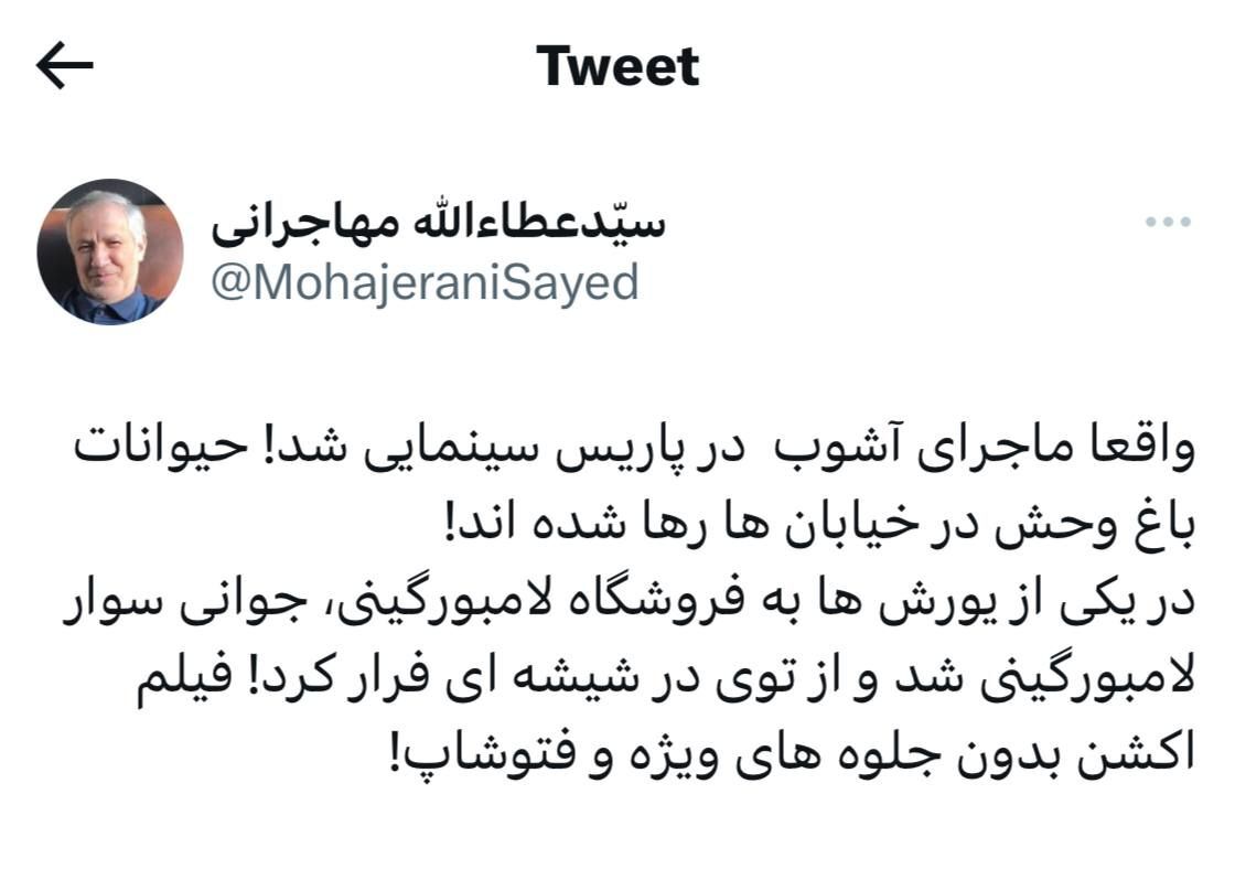 واکنش توئیتری مهاجرانی به اتفاقات پاریس؛ واقعا ماجرا سینمایی شد!