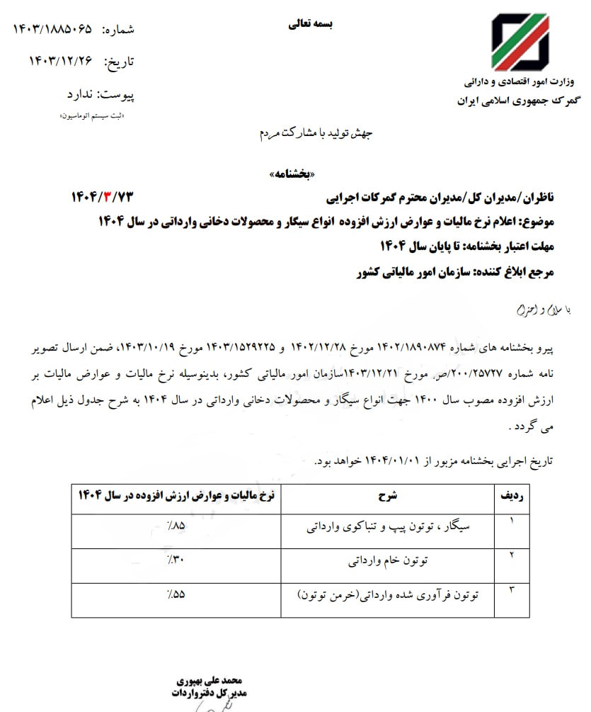 نرخ عوارض و مالیات بر ارزش افزوده سیگار وارداتی ۱۴۰۴ ابلاغ شد
