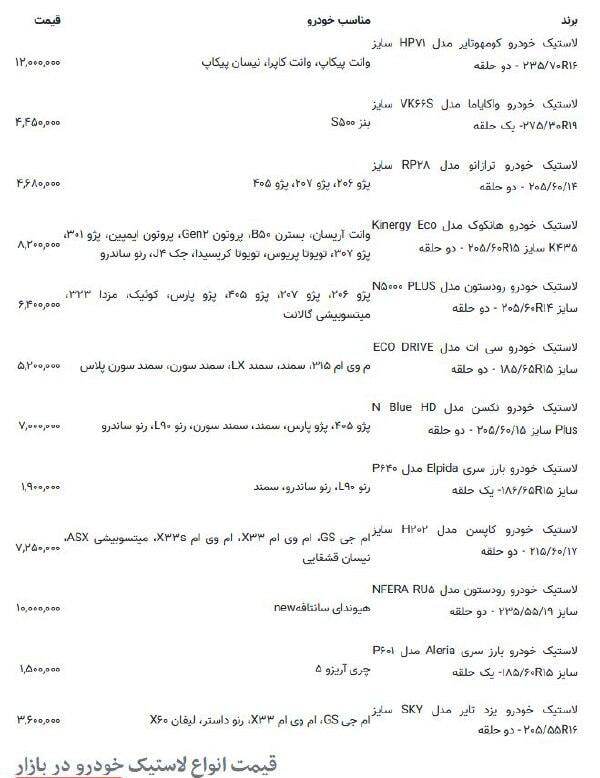 قیمت لاستیک خودرو