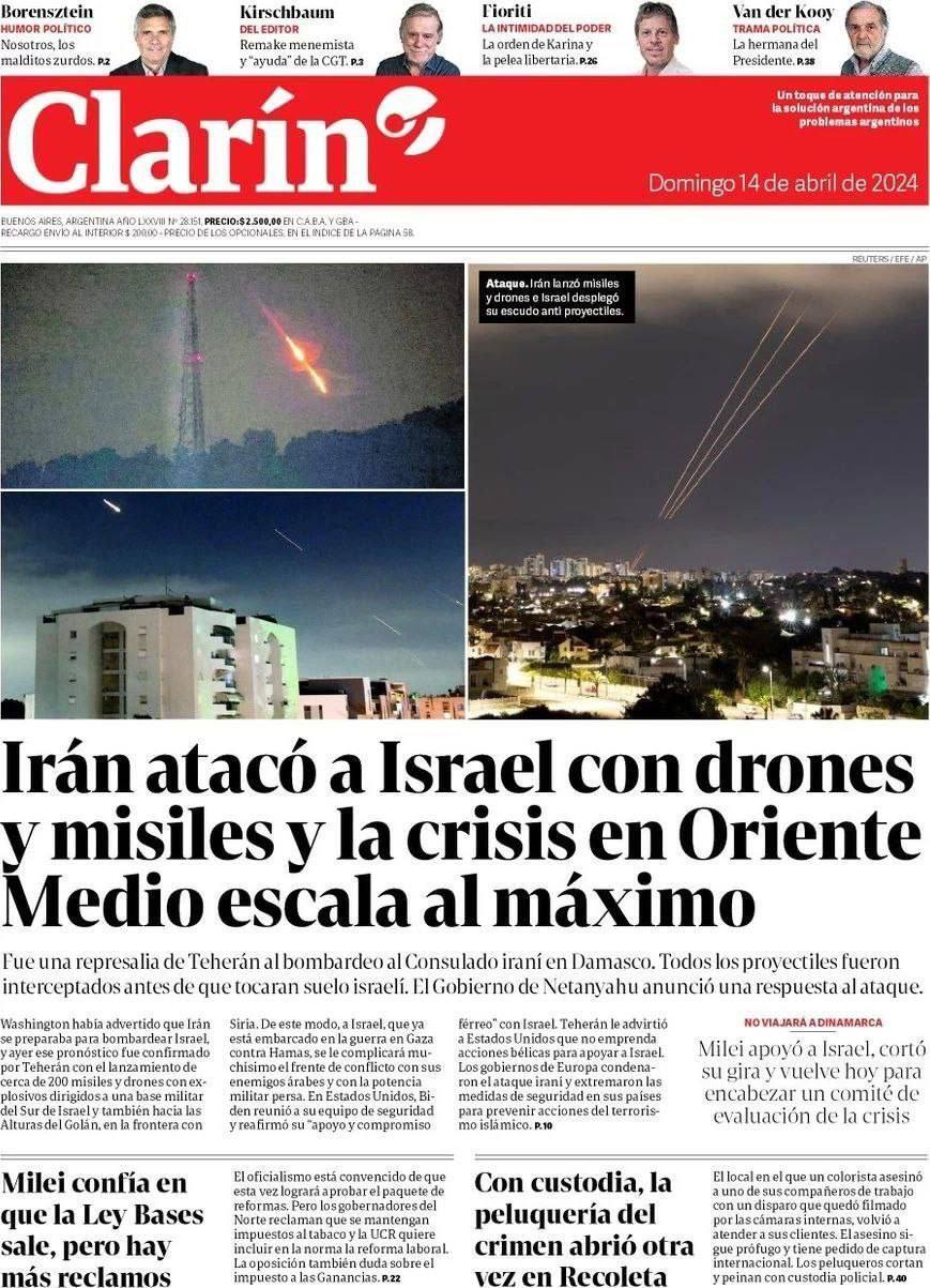 (عکس) تیتر اول رسانه‌ها و روزنامه‌های بین‌المللی در پاسخ انتقامی ایران به اسرائیل