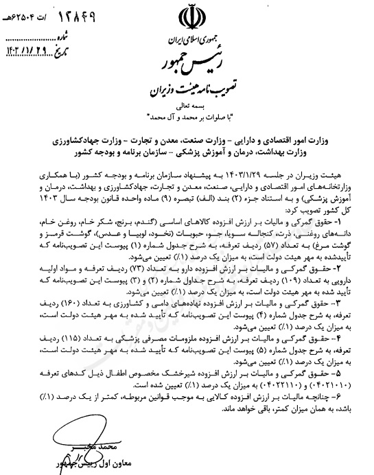 حقوق گمرکی و مالیات بر ارزش افزوده کالا‌های اساسی ابلاغ شد///