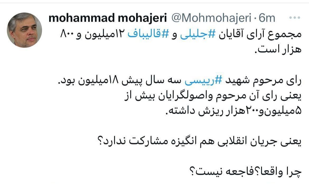 سوال مهم محمد مهاجری از اصولگرایان درباره ریزش سنگین رأی رئیسی بعد از ۳ سال