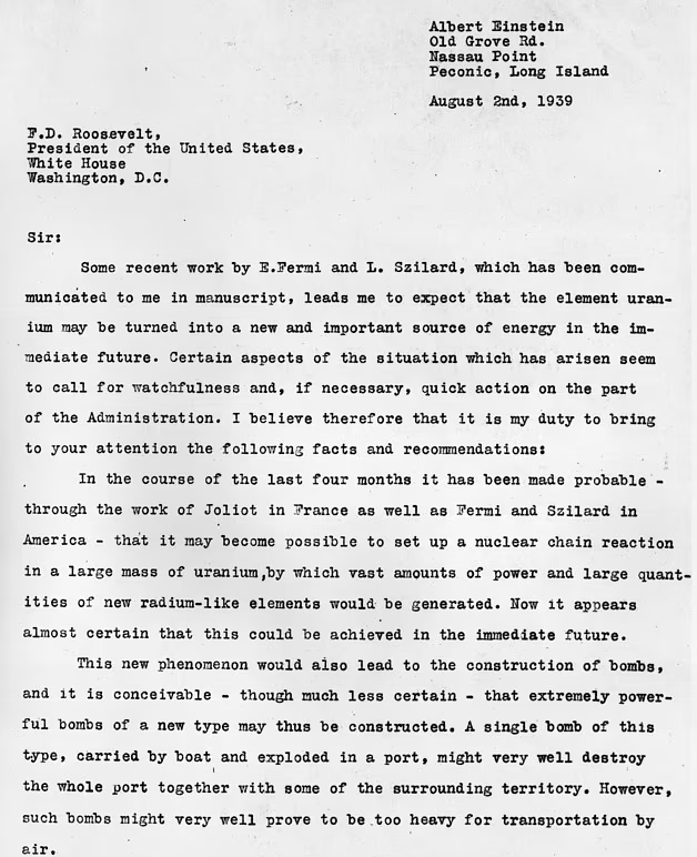 حراج ۴ میلیون دلاری نامه اینشتین به روزولت درباره ساخت اولین بمب اتمی جهان