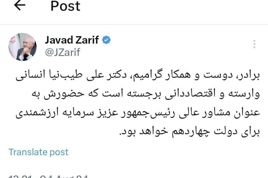 ظریف: طیب‌نیا اقتصاددانی برجسته است