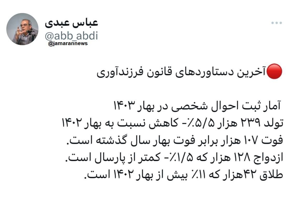 واکنش عباس عبدی به آخرین دستاوردهای قانون فرزندآوری