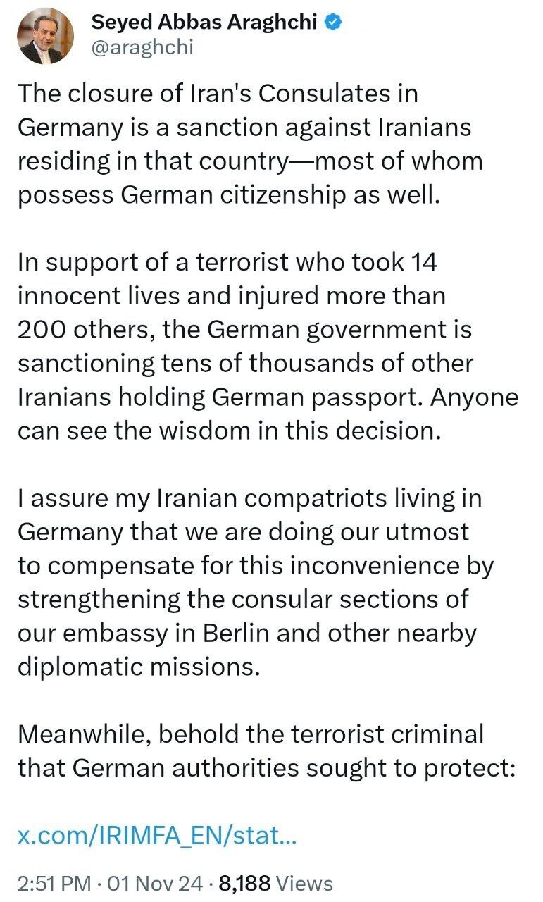 عراقچی: تعطیلی کنسولگری‌های ایران در آلمان تحریمی علیه ایرانیان مقیم آن کشور است