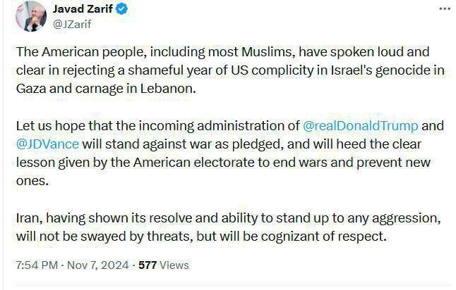 واکنش ظریف به پیروزی ترامپ