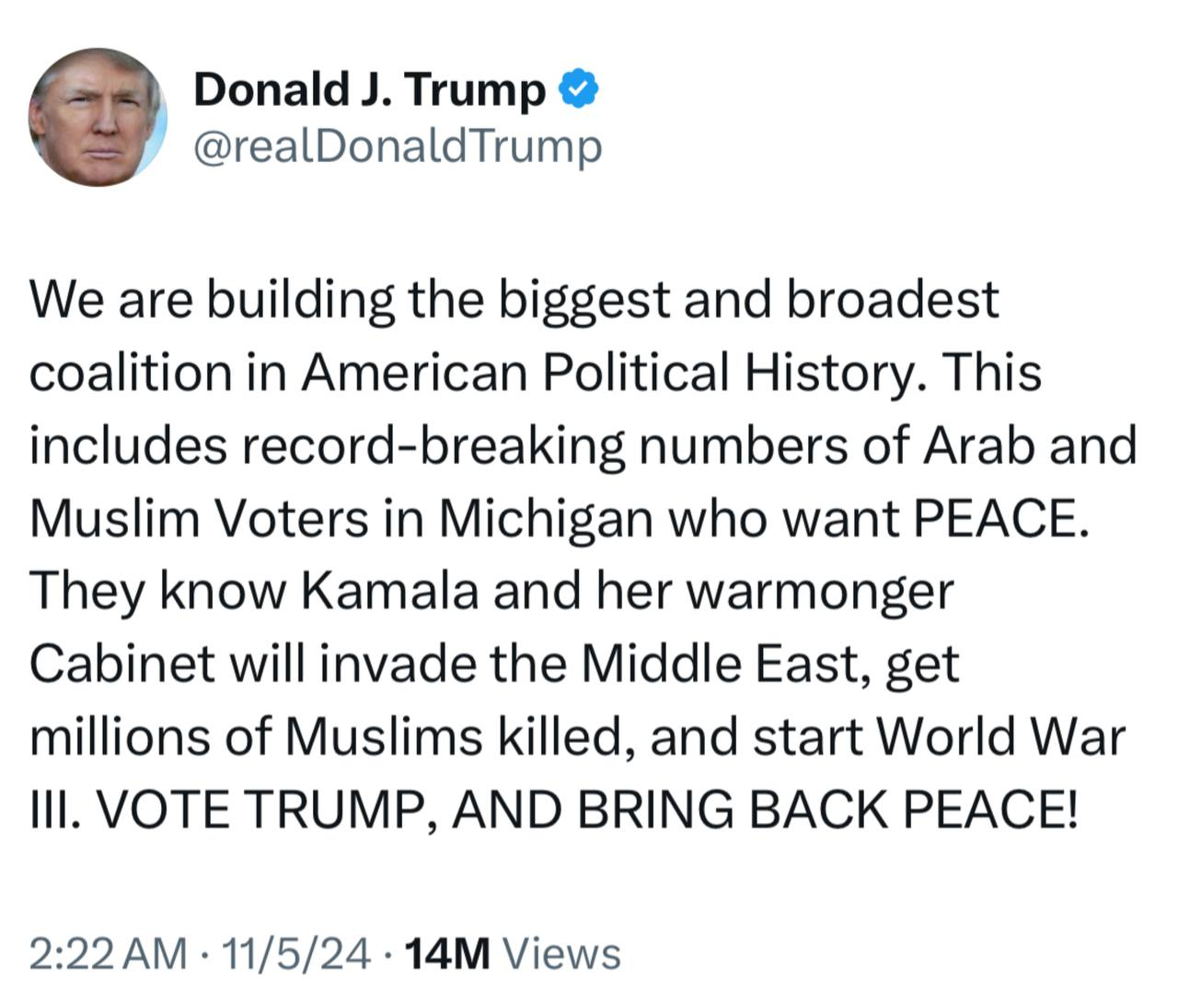 ترامپ خطاب به مسلمانان آمریکا: به ترامپ رای دهید و صلح را برگردانید!